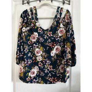 Torrid Strappy Cold Shoulder Top Crepe Floral Blue Size 0X Balloon Sleeve New‎